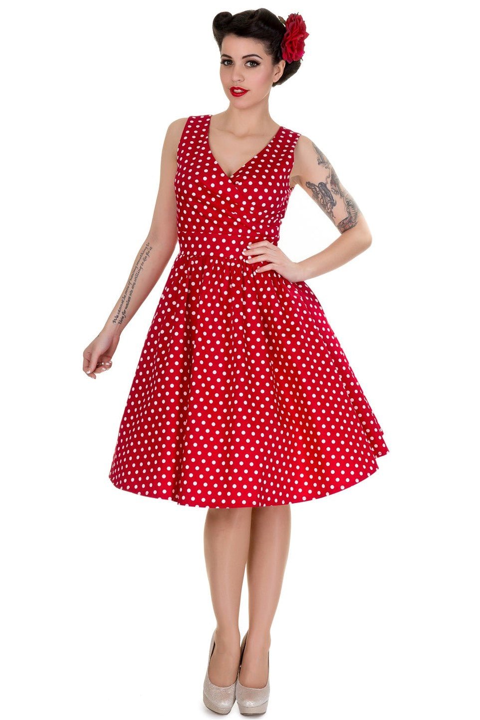 May V-neck 50s Style Swing Dress in Red Polka