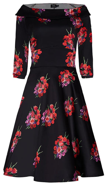 Deborah Long Sleeves Swing Dress in Black with Pink Flowers