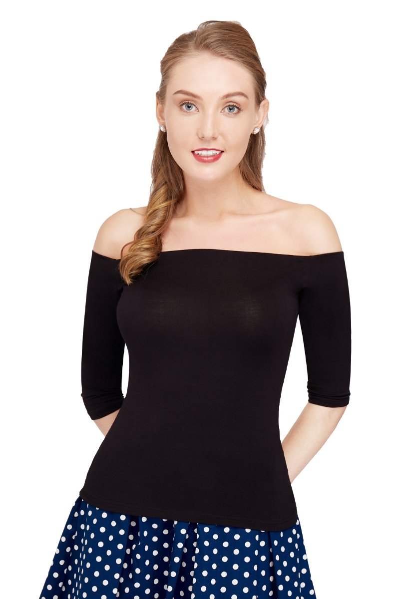 Gloria Off Shoulder Retro Stretchy Top - Black