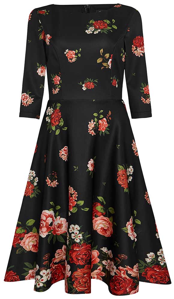 Janet Classic Long Sleeves Flared Dress in Black and Raising Roses