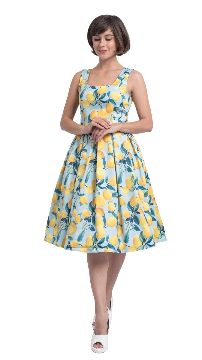 Amanda Vintage Inspired Lemon Print Dress in Pale Blue with Hidden Pockets & a Scoop Neckline