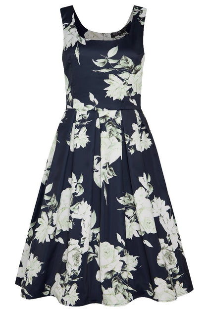 Gorgeous Amanda 50s Inspired Navy Swing Dress & White Roses