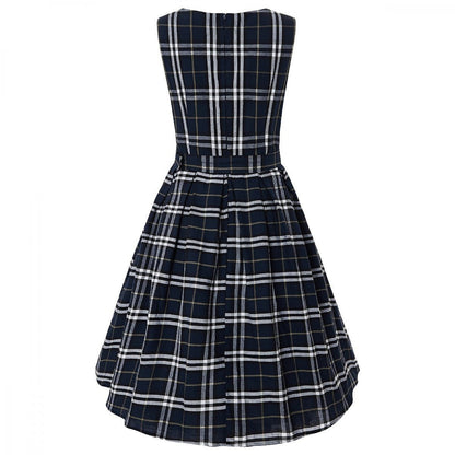 Annie Retro Tartan Sleeveless Swing Dress in Navy Blue