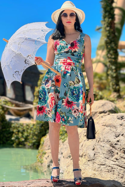 May Crossover Bust Blue Floral Dress