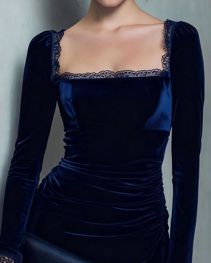Blue Velour Square Neck Mini Dress