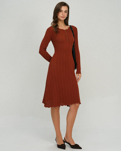 Brown Scalloped A-Line Sweater Dress