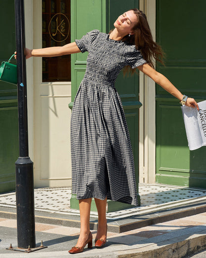 Blue Gingham Puffed Sleeve Midi Dress