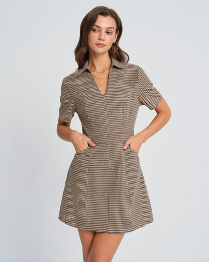 Brown Plaid Collar Mini Dress