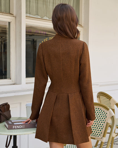 Brown Ruched Button A-Line Mini Dress