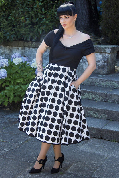Lily Off Shoulder Monochrome Polka Dot Dress