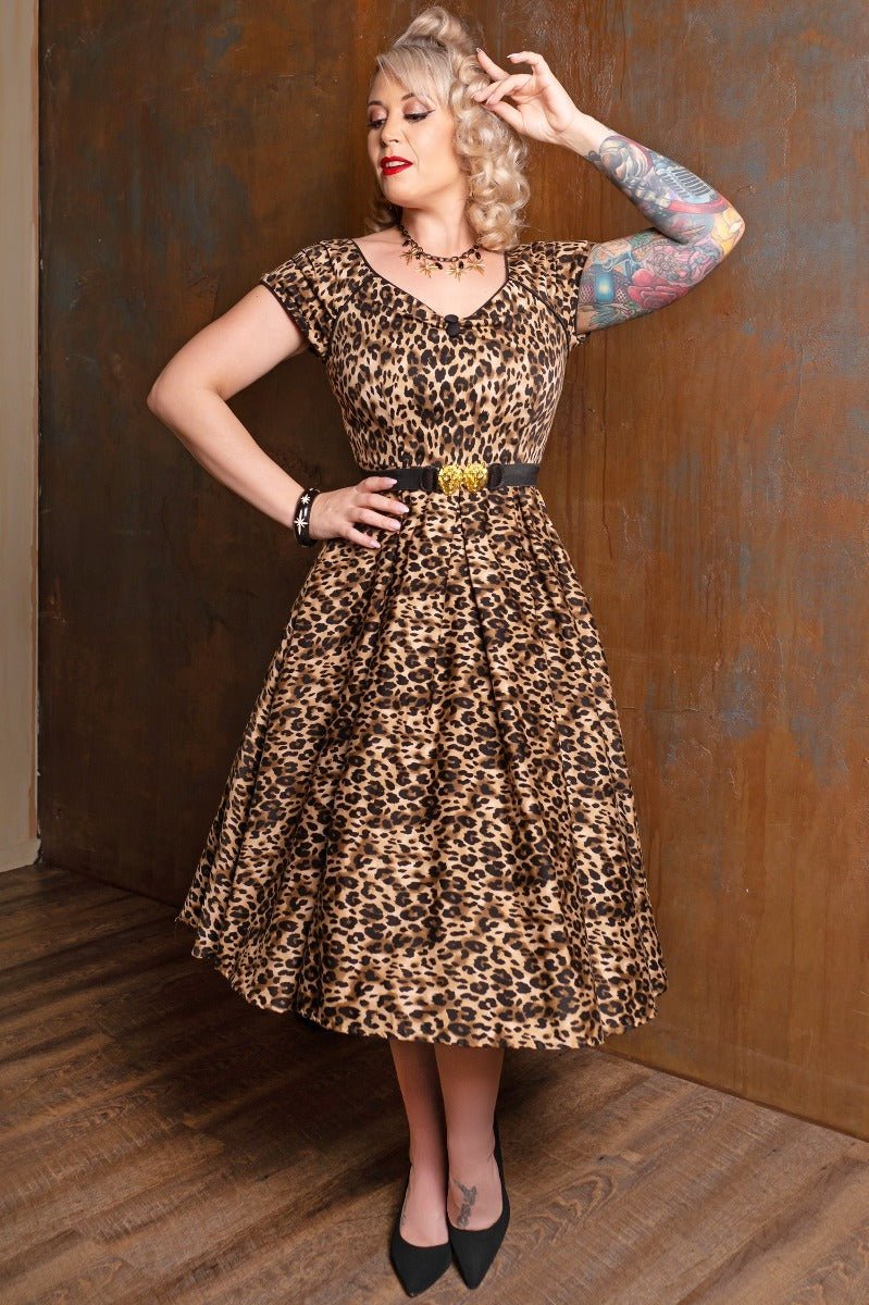 Lily 50s Rockabilly Dress in Brown Leopard Animal Print
